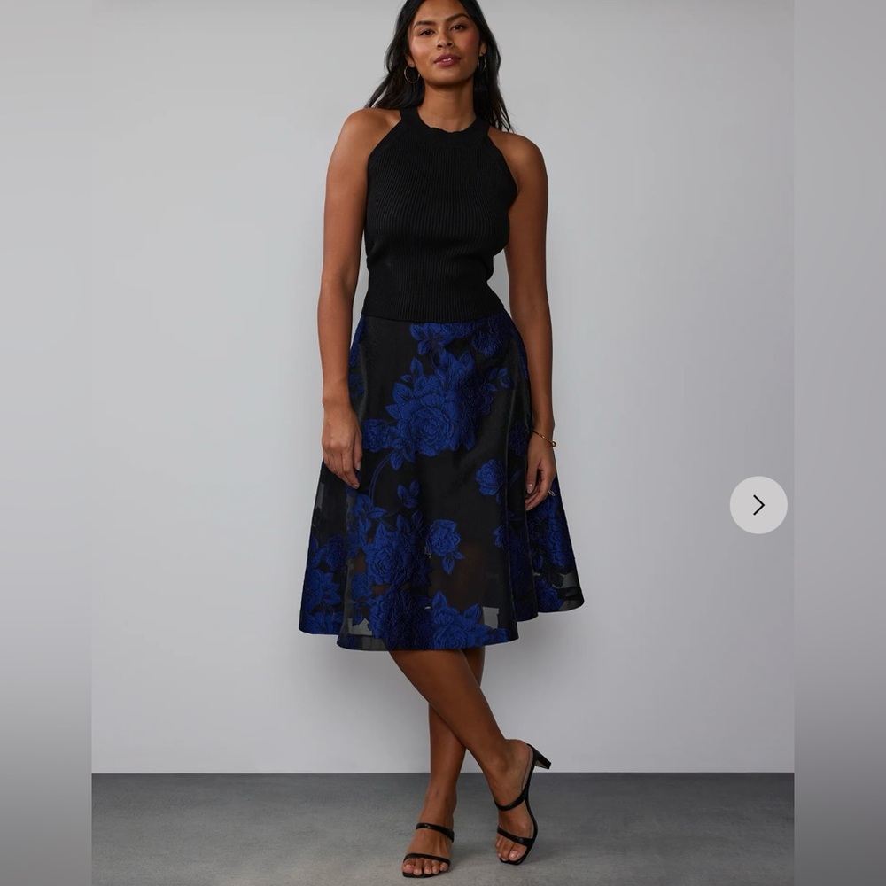 Navy black brocade floral midi skirt.